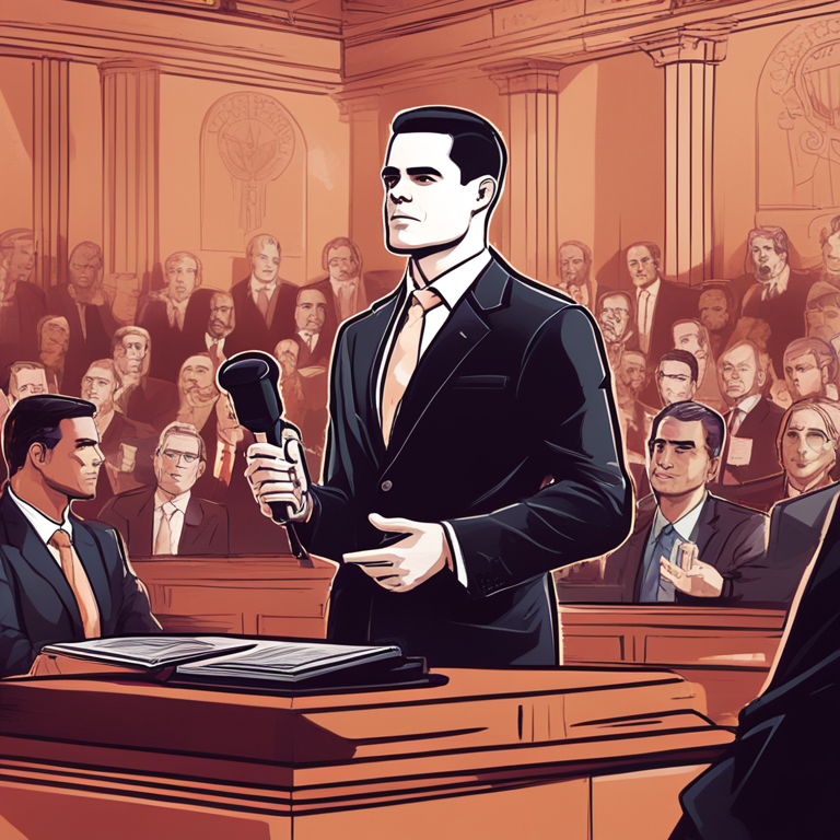 A digital illustration of Roger Ver speaking at a conference, surrounded by legal symbols such as scales and courtroom gavel, created in Artstation HQ style, trendy and modern.