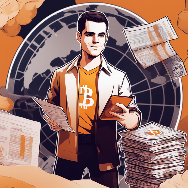 A dramatic digital illustration of Roger Ver holding a Bitcoin, with an overlay of tax documents and immigration papers, inspired by Artstation HQ digital art style.