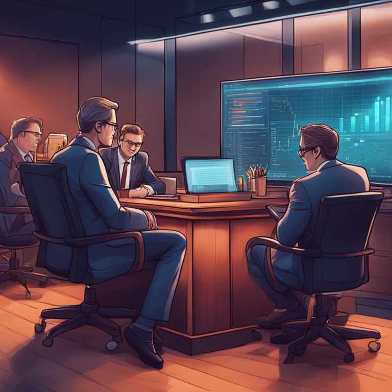 hand-drawn digital illustration of legal experts discussing a high-profile cryptocurrency case, detailed, Artstation HQ, digital art, trending magazine cover style