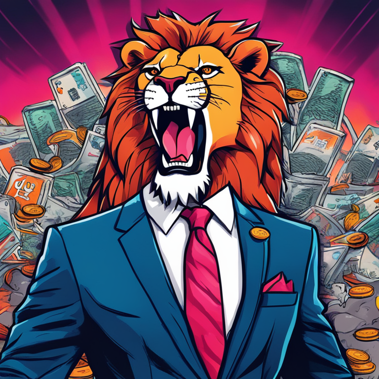 hand-drawn digital illustration of a roaring lion in a business suit surrounded by meme coin logos, Artstation HQ, digital art, vibrant colors, in the style of a trendy magazine publication