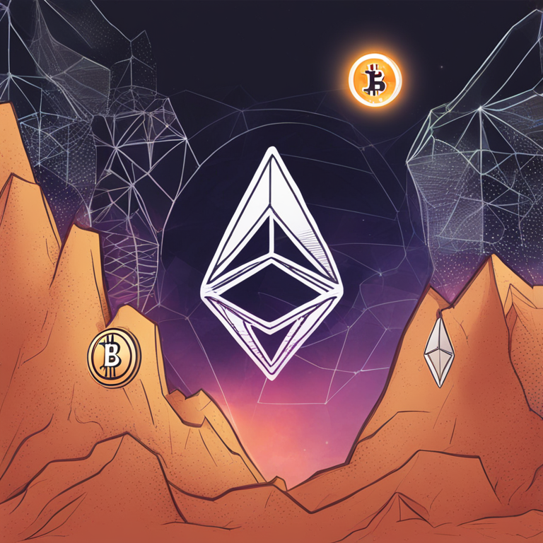 hand-drawn digital illustration of Bitcoin, Ethereum, and Solana logos with rising graphs, Artstation HQ, digital art