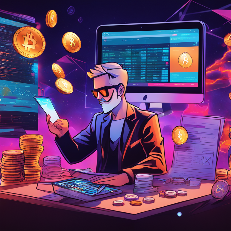 Hand-drawn digital illustration, Artstation HQ, digital art: abstract collage of crypto-events, FTX debt papers, Tron coins, KuCoin trading screen, Revolut wallet with Floki icon, Alchemy Pay and UniSat logos, and compliance documents, modern, detailed, vibrant, trending on Artstation, collage style, dynamic and engaging.