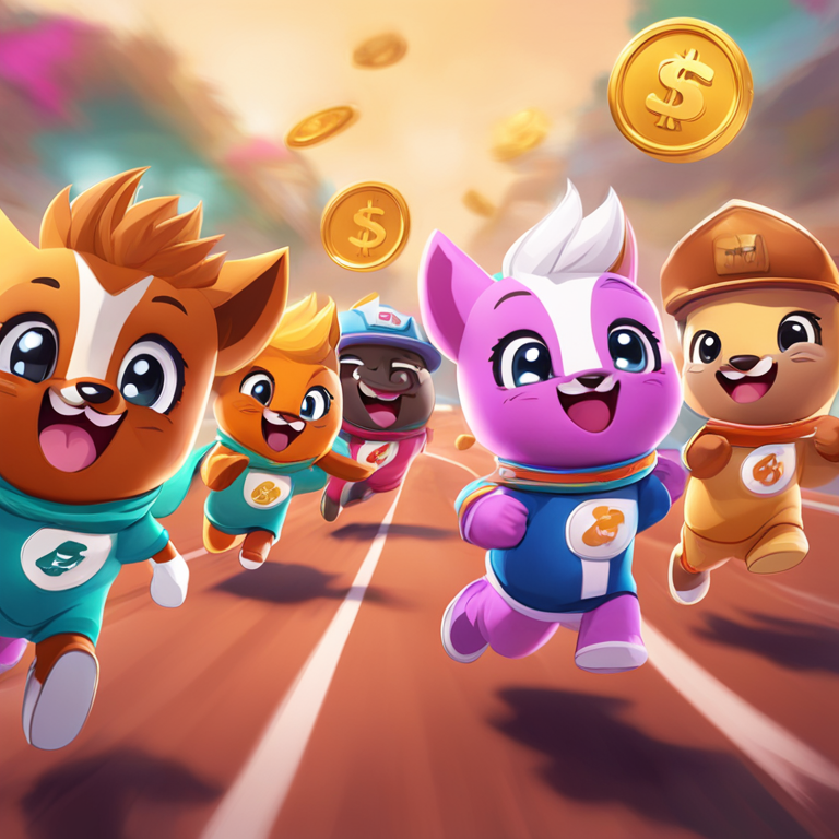 digital art of a variety of meme coin mascots in a friendly race, capturing excitement and competition, high-quality illustration, colorful and dynamic, inspired by Artstation trends