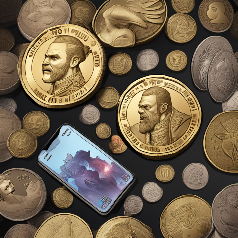 Digital illustration of a meme coin market with various meme coins, highlighting key players like Floki Inu, GME, and Pepe, realistic and trending on Artstation, with playful caricatures