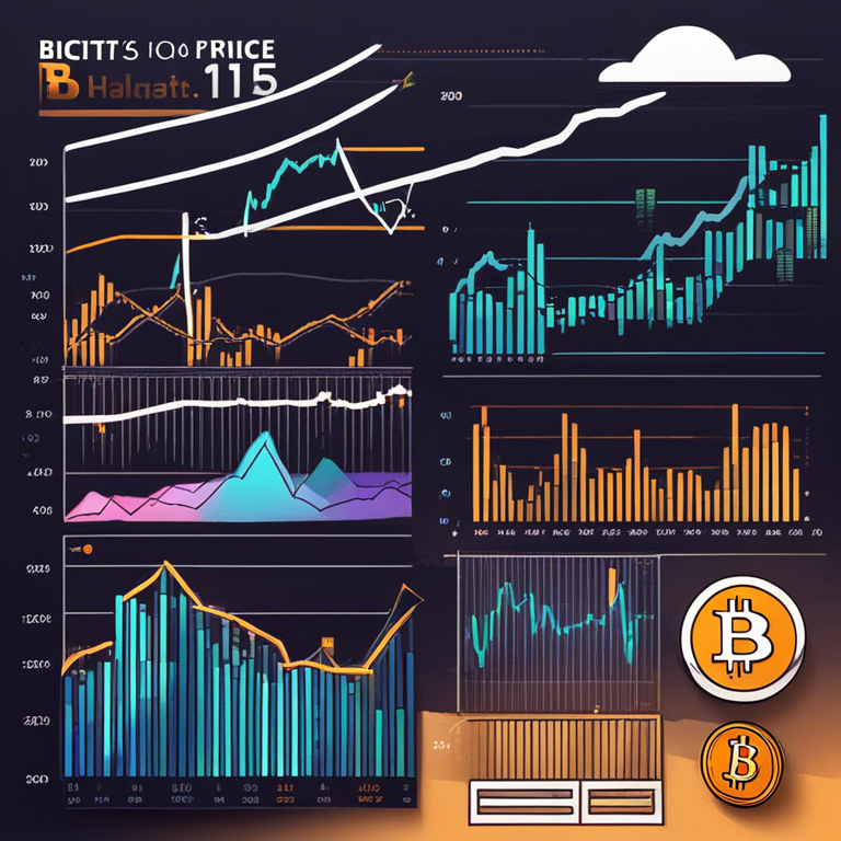 Hand-drawn digital illustration depicting Bitcoin's price performance and halving charts, with fluctuating graphs, Artstation HQ, digital art