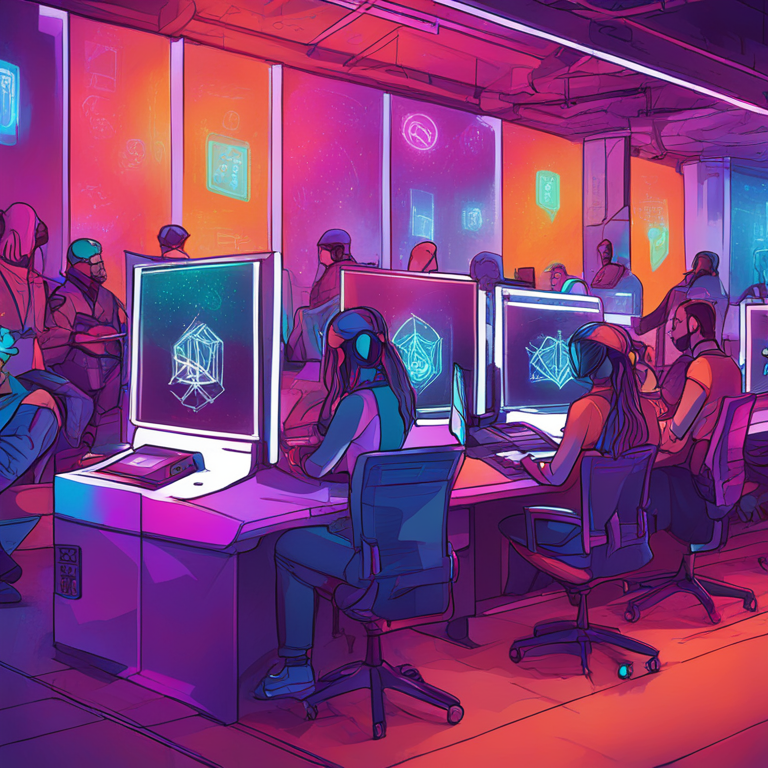 Hand-drawn digital illustration, Artstation HQ, digital art, representing blockchain voting, vibrant colors, community-driven decisions, futuristic design