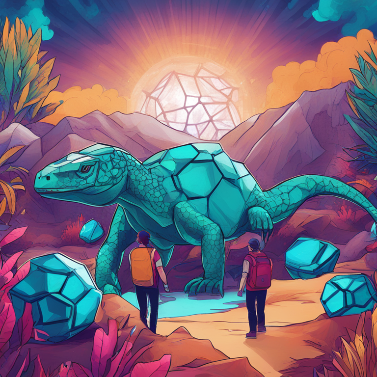 Hand-drawn digital illustration, Artstation HQ, digital art, depicting blockchain consensus mechanisms, vibrant colors, transition from Proof of Work to Proof of Stake, Komodo ecosystem