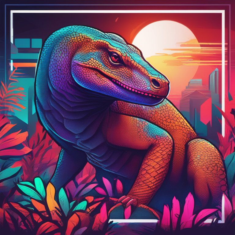 hand-drawn digital illustration, Artstation HQ, digital art, Komodo dragons symbolizing blockchain evolution, vibrant colors, digital democracy, futuristic landscape, digital illustration