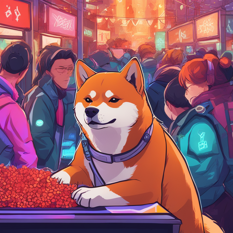 hand-drawn digital illustration, Artstation HQ, digital art, Shiba Inu community energetically discussing market trends, modern art style, vibrant colors, trending on Artstation