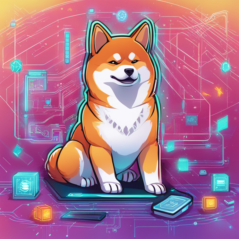 hand-drawn digital illustration of Shiba Inu interacting with blockchain elements and smart contracts, Artstation HQ, digital art, bright colors, futuristic and detailed design