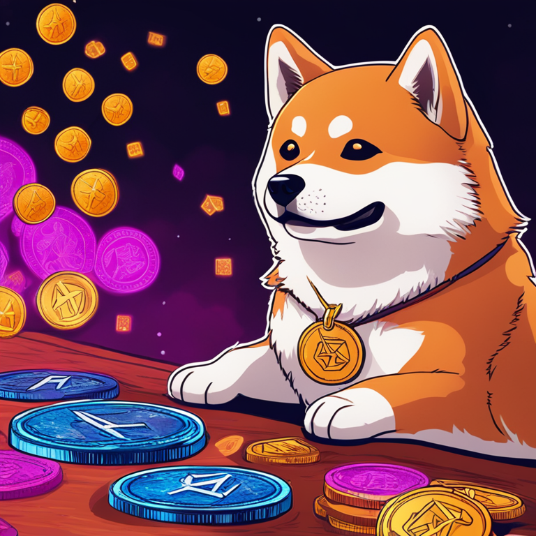 hand-drawn digital illustration of a Shiba Inu dog with crypto coin symbols, Artstation HQ, digital art, vibrant colors, trending on Artstation, thoughtful and innovative design