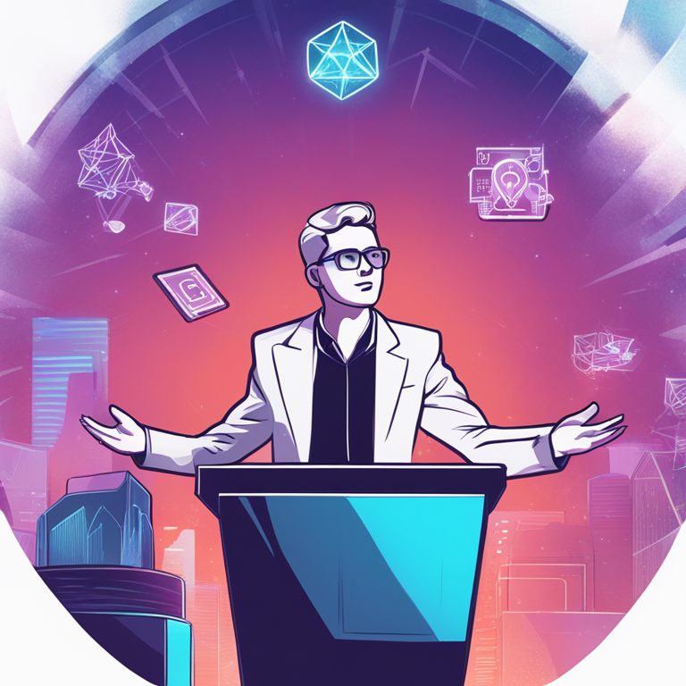 hand-drawn digital illustration, Artstation HQ, digital art, illustration of a business leader speaking at a podium, blockchain icons floating around, engaging and futuristic