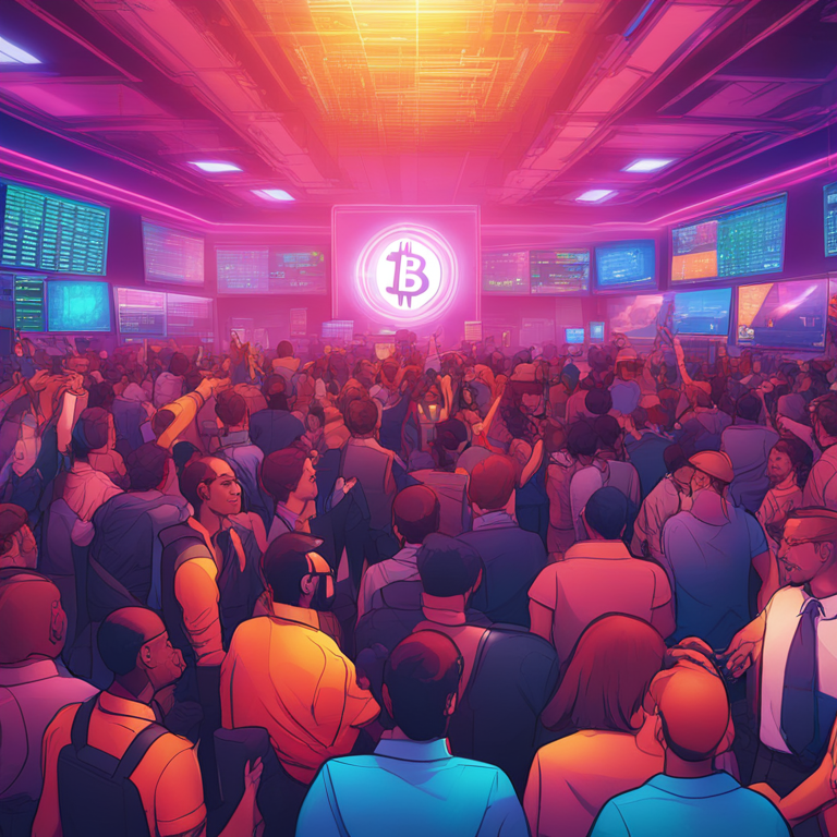 Digital illustration of a crowded cryptocurrency trading floor reacting to regulatory news, dynamic lighting, and vibrant colors, in the style of a modern magazine cover, trendy, Artstation HQ, digital art