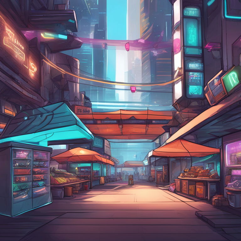 Hand-drawn digital illustration of a futuristic marketplace with interoperable game assets, vibrant and detailed, artsy style, Artstation HQ, digital art