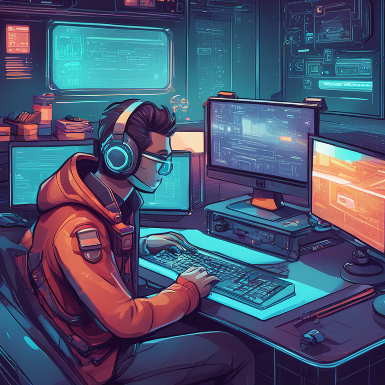 Artistic digital illustration showcasing futuristic game developer tools, vibrant and detailed scene, by Artstation HQ, hand-drawn style, digital art