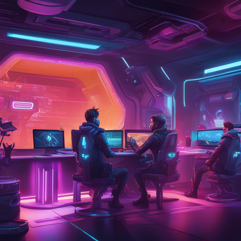 hand-drawn digital illustration, Artstation HQ, digital art, developers creating and integrating game assets, futuristic dashboard, seamless interaction, in-game characters, vibrant colors, high-tech design