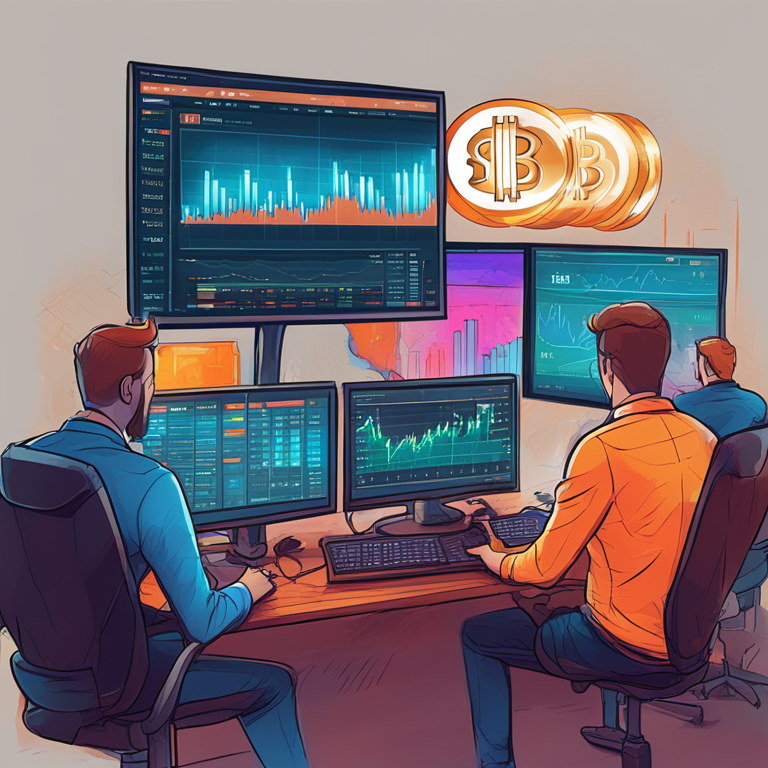 hand-drawn digital illustration representing Bitcoin's trading stats and analysis, detailed, vibrant colors, financial chat motifs, Artstation HQ style, digital art, stock market flair, trending on Artstation