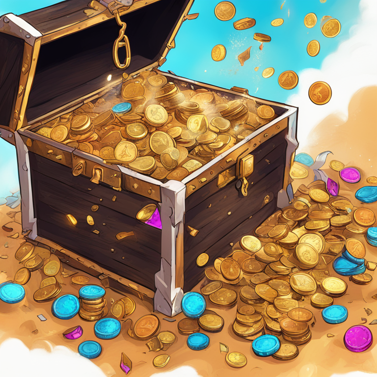 A dynamic, hand-drawn digital illustration of coins and symbols bursting out of a digital treasure chest, Artstation HQ, digital art, highly detailed, colorful, whimsical, representing explosion of memecoins