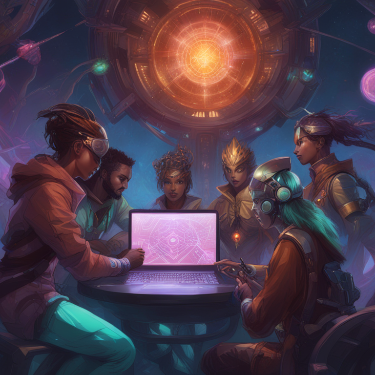 a hand-drawn digital illustration, Artstation HQ style, showcasing a diverse group of developers and enthusiasts engaging with a high-tech testnet interface, digital art, vibrant colors, IOTA 2.0 Testnet, by Peter Mohrbacher and Donato Giancola