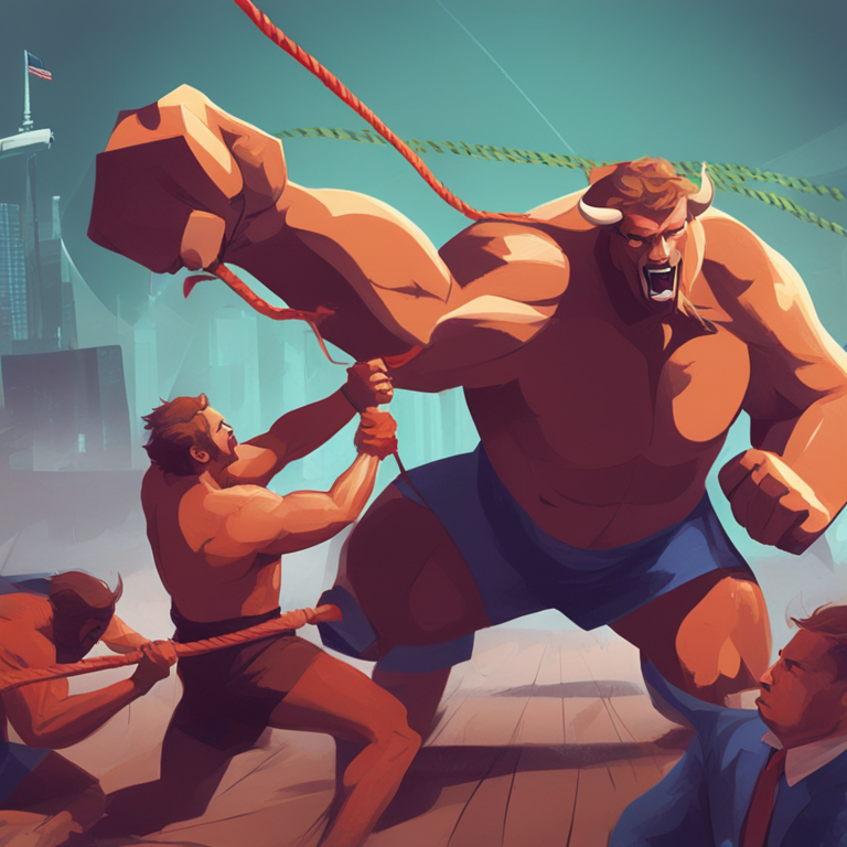 digital illustration of a tug-of-war with bullish and bearish figures on a stock chart, Artstation HQ, digital art