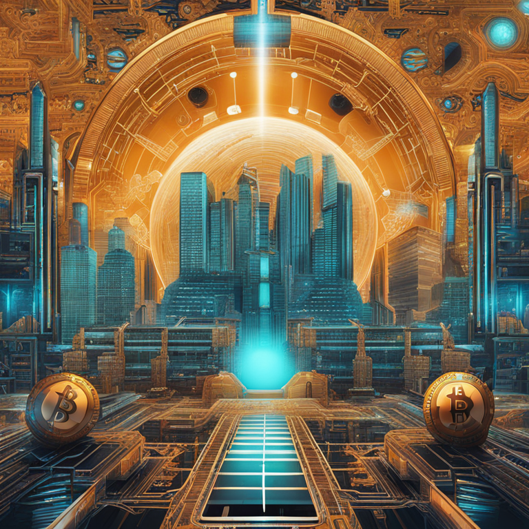 Detailed digital art illustration of a futuristic financial partnership, high-tech, intricate collaboration imagery between Babylon and pSTAKE, trending on Artstation, vibrant collage of Bitcoin and digital elements