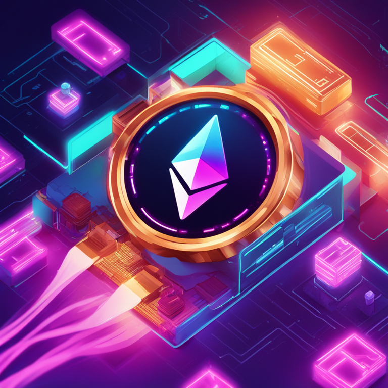 A sleek, high-tech digital illustration of a new cryptocurrency token being launched, vibrant graphics with Ethereum references, detailed and trendy in Artstation HQ style.