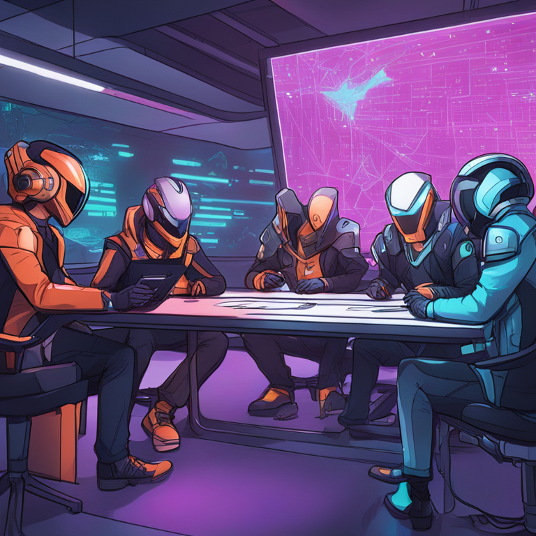 Hand-drawn digital illustration of collaborative meeting between video game and blockchain executives in a futuristic, digital setting, Artstation HQ, digital art