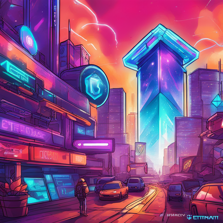 hand-drawn digital illustration of CTA token and crypto gaming universe, vibrant colors, Ethereum blockchain elements, Artstation HQ, digital art, futuristic and high-energy