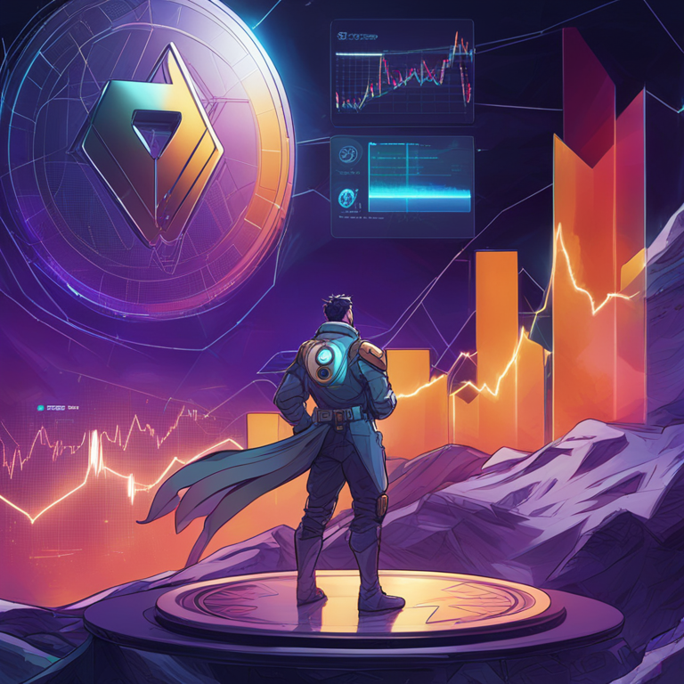 hand-drawn digital illustration, Artstation HQ, digital art, XRP cryptocurrency coin surrounded by fluctuating graphs and market trend indicators, abstract futuristic style, detailed and vibrant, by Peter Mohrbacher and Donato Giancola, high-tech financial market background