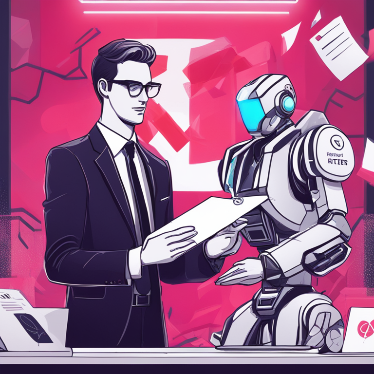 Hand-drawn digital illustration of a tech executive handing a resignation letter, surrounded by abstract AI imagery, Artstation HQ, digital art, trending on Artstation