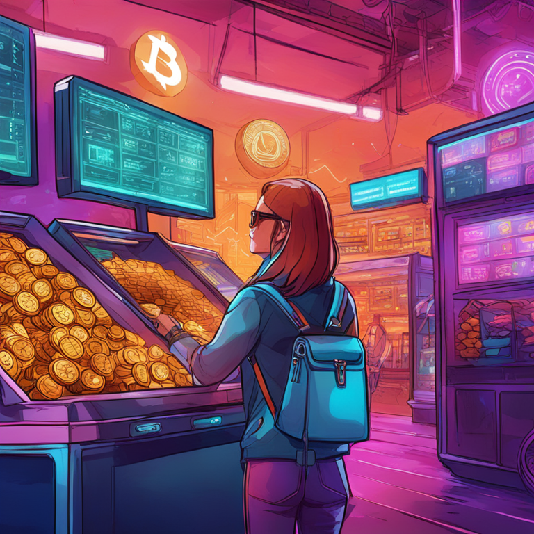 hand-drawn digital illustration, futuristic cryptocurrency market with SHIB, BONE, and LEASH coins, vibrant colors, digital art, trending on Artstation, high-tech, lively blockchain environment