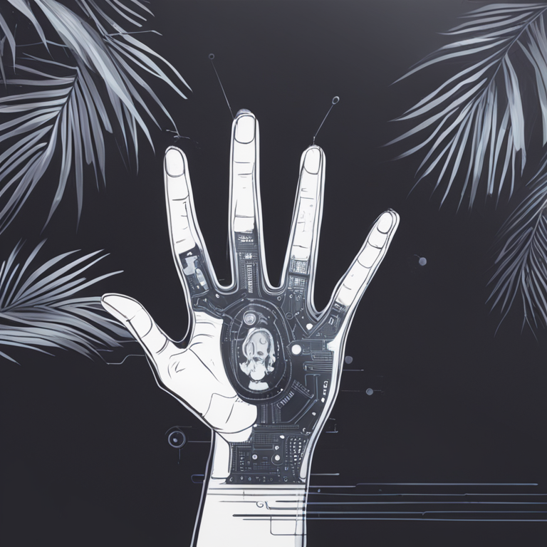 hand-drawn digital illustration, digital identity verification concept with palm scans, futuristic theme, Artstation HQ, digital art