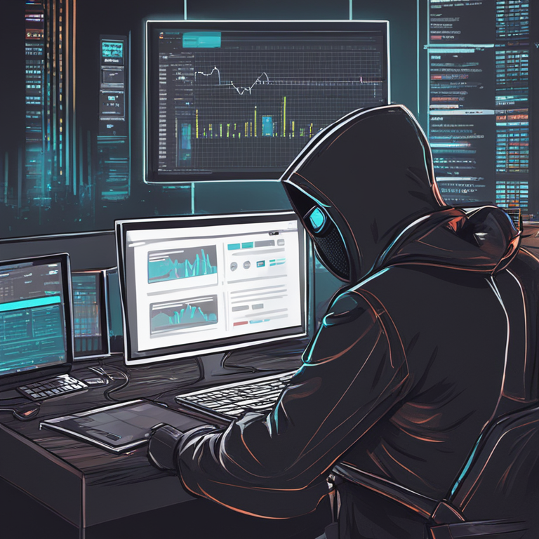 Hand-drawn digital illustration of a hacker intruding financial platform, digital art, trending on Artstation