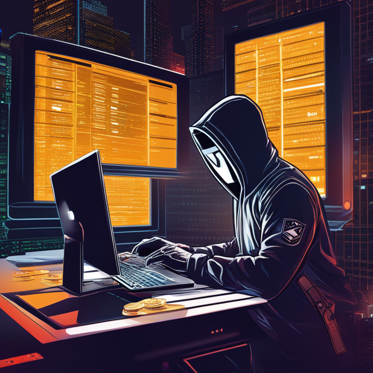 A digital illustration of a hacker exploiting cryptocurrency, illustrating both the high stakes and the complex nature of cyber heists, Artstation HQ, digital art