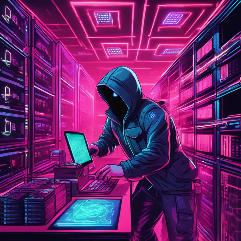 A hand-drawn digital illustration of a hacker in action, infiltrating a digital vault containing cryptocurrency assets. The image is vibrant with neon lights, highlighting the intensity of the cyber heist, Artstation HQ, digital art