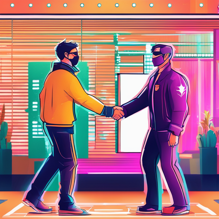 A vivid, digital illustration showing a handshake between a hacker and a cryptocurrency company representative symbolizing a mutually beneficial agreement, Artstation HQ, digital art