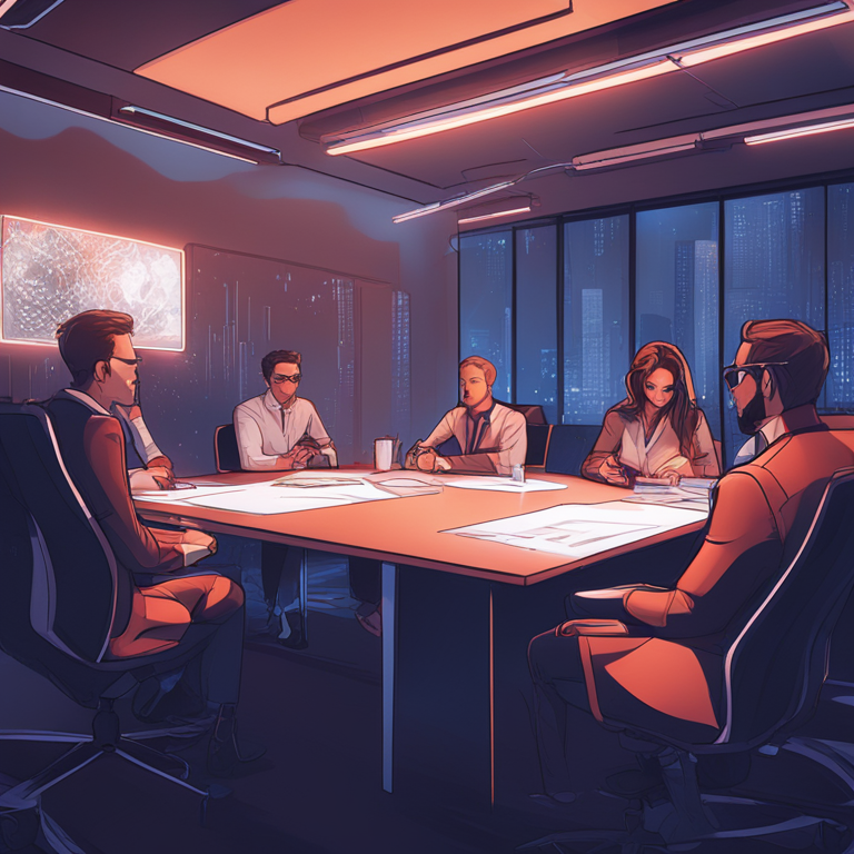 hand-drawn digital illustration, Artstation HQ, digital art, compelling discussion between Anchorage Digital and dYdX executives, strategic management meeting, collaborative efforts towards DeFi growth, futuristic office setting with dynamic lighting, trending on Artstation