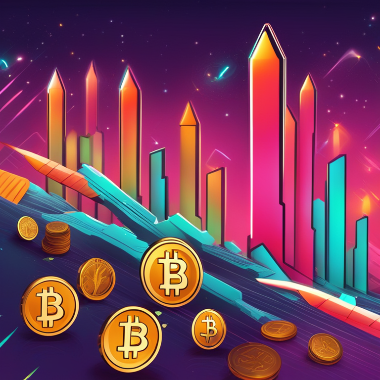 Artistic digital illustration of a bullish market trend with rockets and crypto coins, vibrant colors, trending on Artstation, futuristic theme, digital art