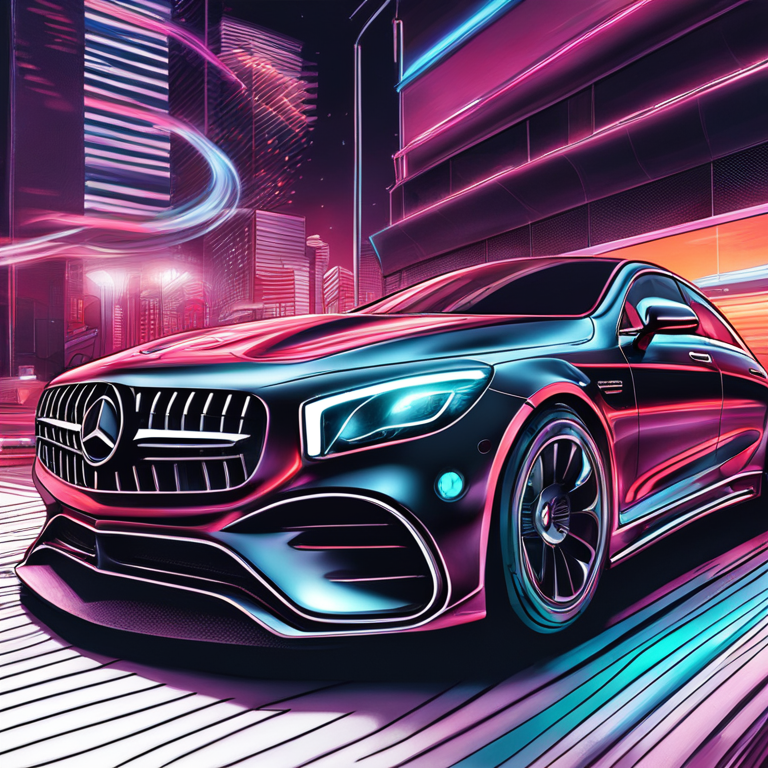 Detailed and iconic hand-drawn digital illustration of a Mercedes-Benz car, showcasing sleek and modern design, Artstation HQ, digital art, masterpiece with intricate details, high-tech vibe, vibrant hues, futuristic setting, trending on Artstation