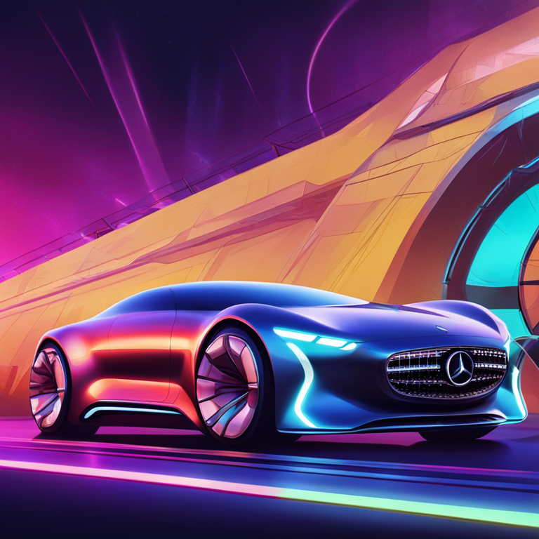 Hand-drawn digital illustration of a futuristic automobile concept, blending classic Mercedes-Benz design elements with cutting-edge technology, Artstation HQ style, vibrant colors, digital art