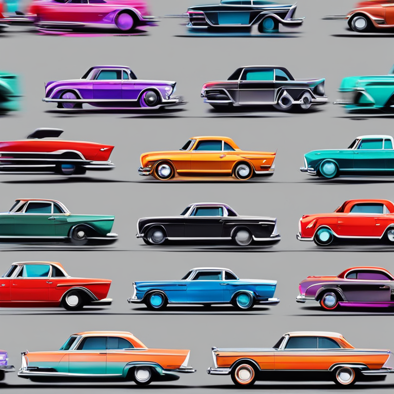 Stylized and abstract digital illustration of various collectible cars from Mercedes-Benz, featuring different models and colors, dynamic and artistic render, trendy colors, Artstation HQ style