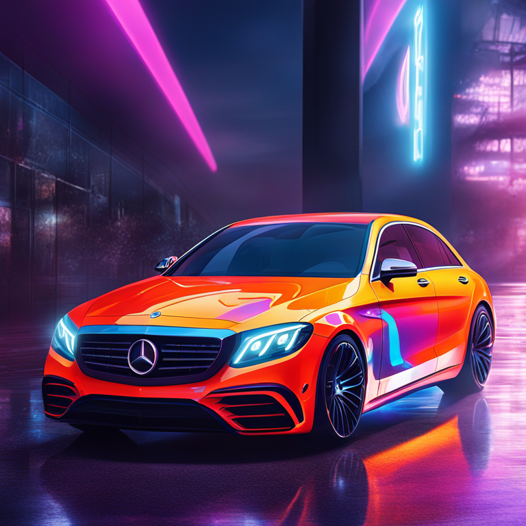 Artistic digital depiction of a Mercedes-Benz vehicle with vibrant digital effects, showcasing modern and futuristic design elements, Artstation HQ, digital art, trendsetting illustration, gloss finish, high-detail rendering, contemporary feel, trending on Artstation