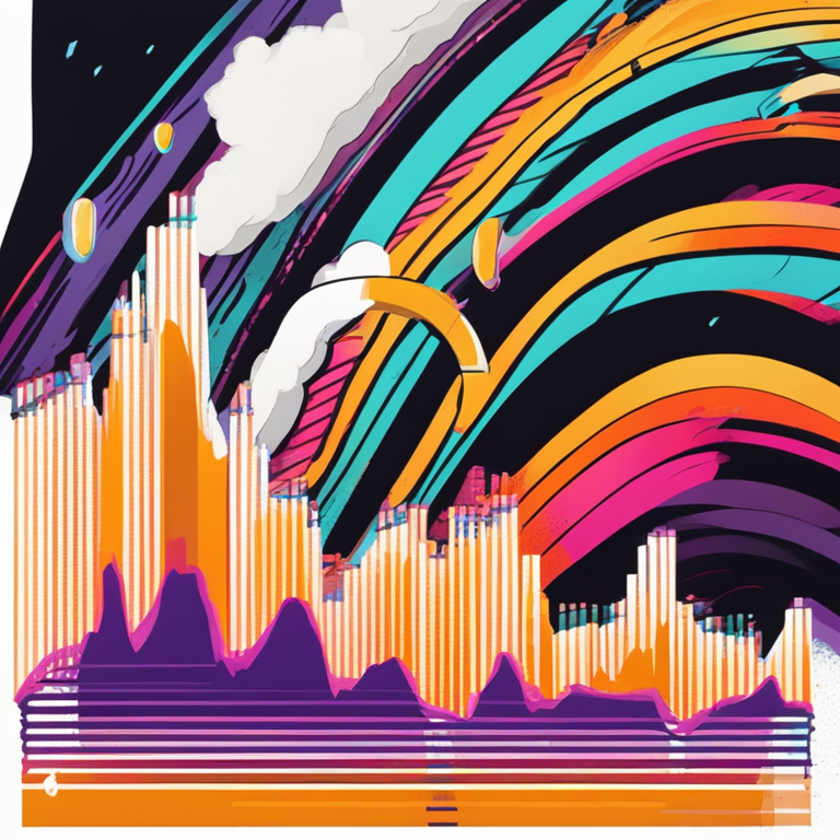 Hand-drawn digital illustration of Bitcoin price trends with soaring value, Artstation HQ, digital art, abstract prediction chart with a futuristic style, vibrant colors, upbeat and engaging Magazine publish-ready visuals