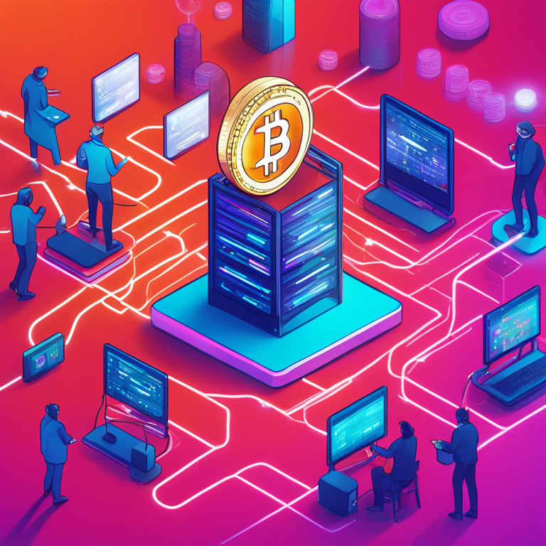 Stylized digital illustration representing Bitcoin network activity, Artstation HQ style, vibrant colors, detailed blockchain elements, clear and engaging visuals for magazine readers