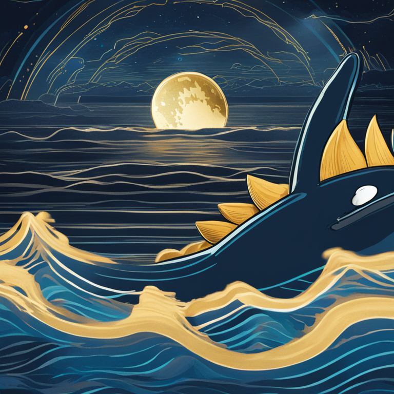 A digital illustration of a Dogecoin, styled with trends from Artstation HQ, depicting a sleeping whale awakening in the ocean, symbolizing revived interest from large holders of the cryptocurrency.