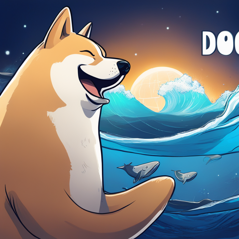 hand-drawn digital illustration of Dogecoin whale waking up, Artstation HQ, digital art, blue background, subtle humor context, financial charts, crypto trend, realistic, trending on Artstation