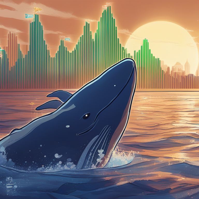 A detailed digital illustration of financial charts with large whale shadows, indicating significant large transactions occurring within Dogecoin markets, drawn in an artistic style popular on Artstation.