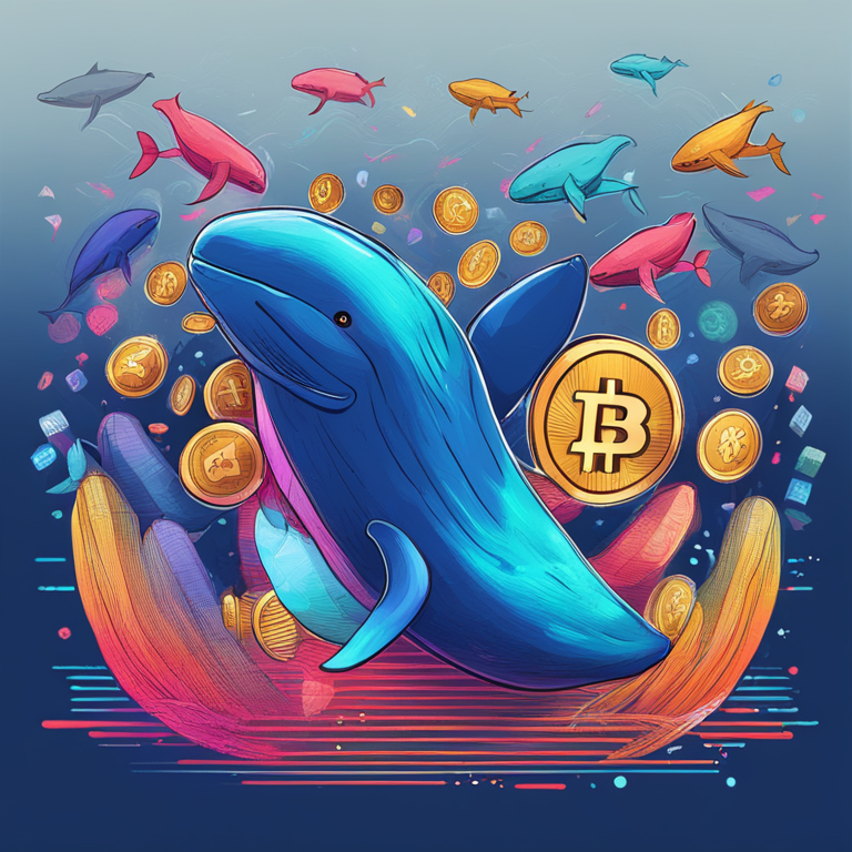 hand-drawn digital illustration of cryptocurrency whales, movement in financial market, vibrant colors, Artstation HQ, digital art, whale-themed, financial bars and charts, trendy magazine style