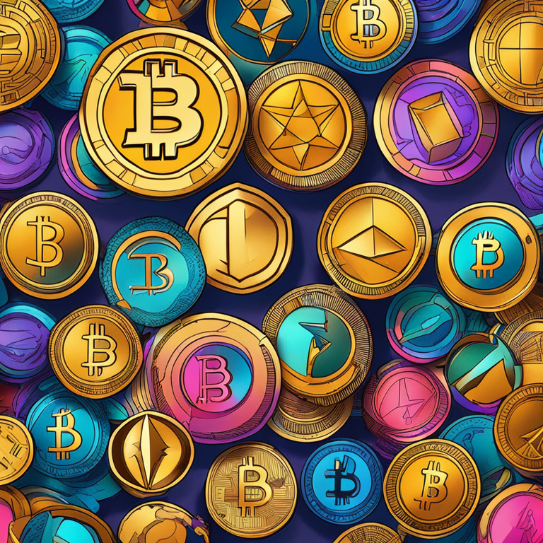 hand-drawn digital illustration of cryptocurrency tokens, vibrant and dynamic, trending on Artstation