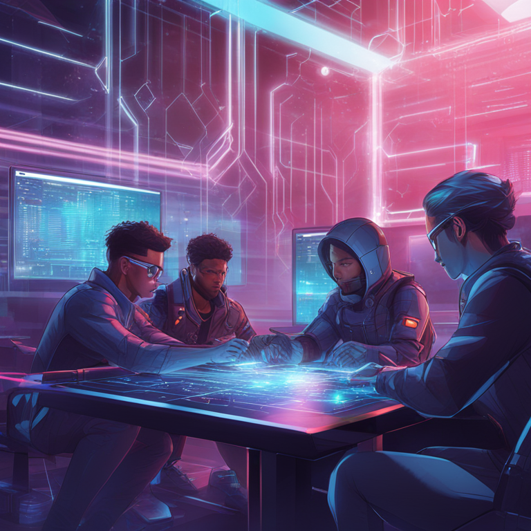 collaborative blockchain development with futuristic interfaces and team dynamics, digital illustration, Artstation HQ, digital art